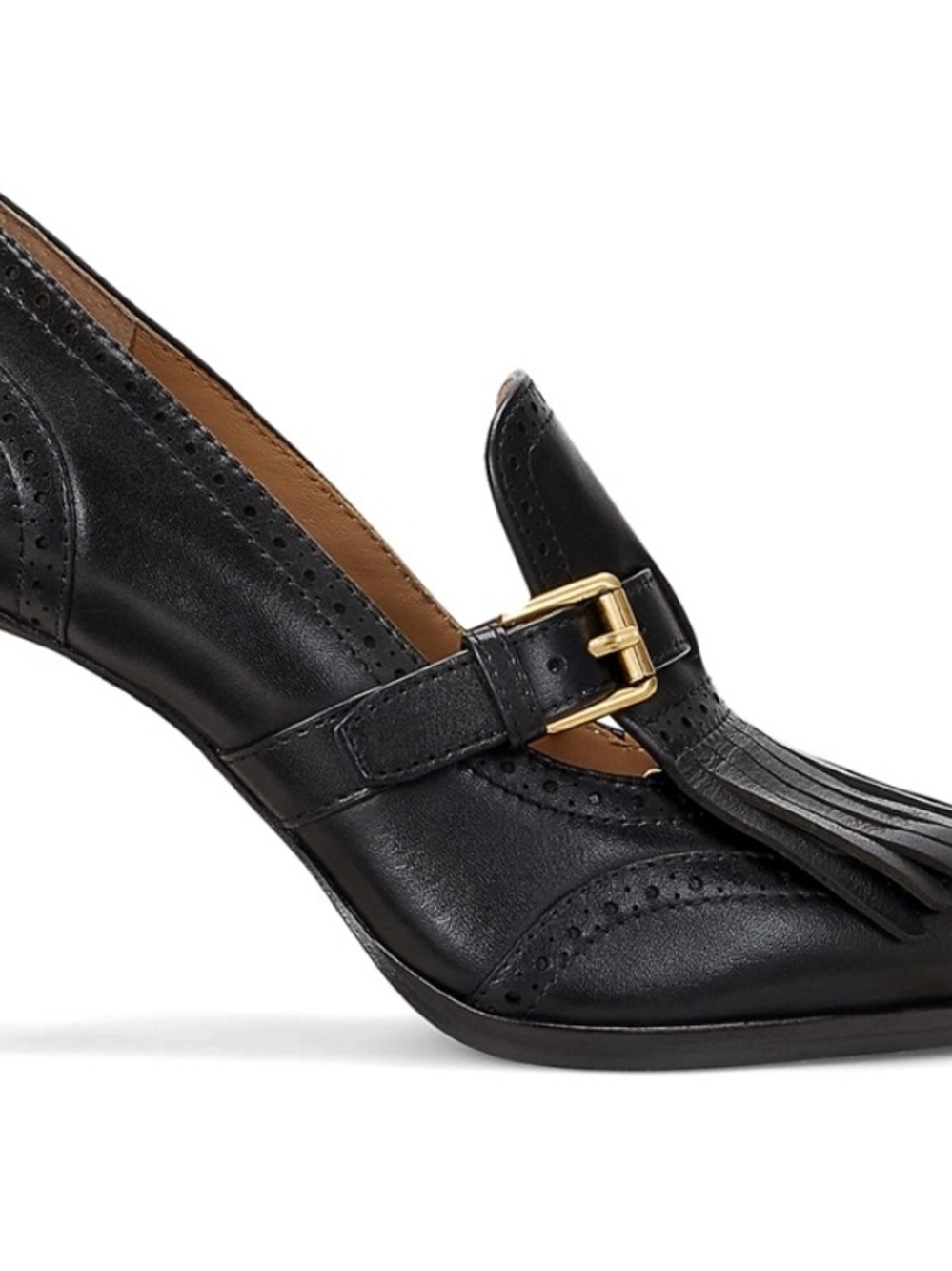 Lauren Ralph Lauren Black Leather Kiltie Ankle Pump with Gold Buckle - Picture 2 of 4
